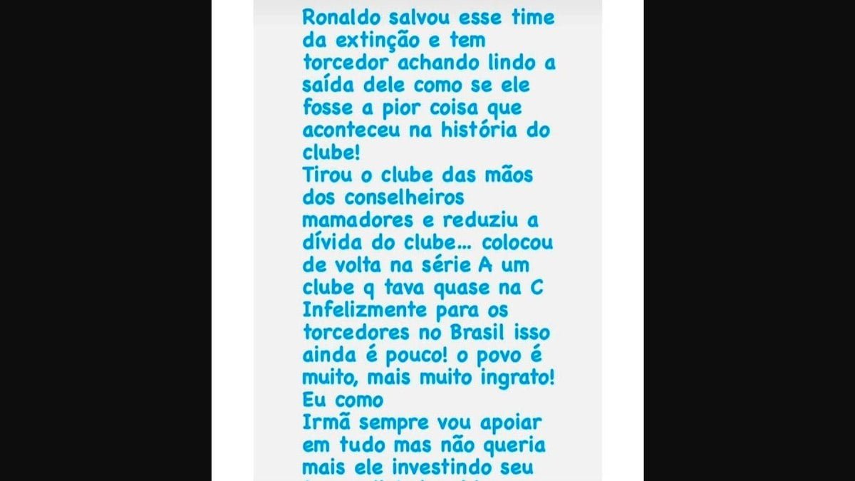 Irmã de Ronaldo Fenômeno desabafa contra torcida do Cruzeiro após venda do clube: ‘Povo ingrato’