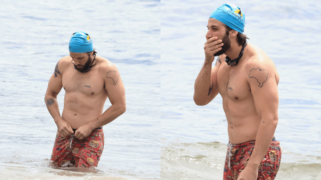 Chay Suede faz treino de natação na Praia de Copacabana; veja imagens Chay Suede faz treino de natação na Praia de Copacabana; veja imagens
